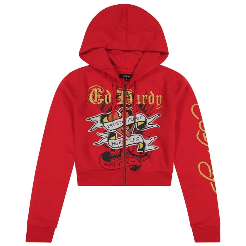 VTG Ed Hardy Red Cropped Zip Up Hoodie - Broken Hearts & Fairy Tales - XL